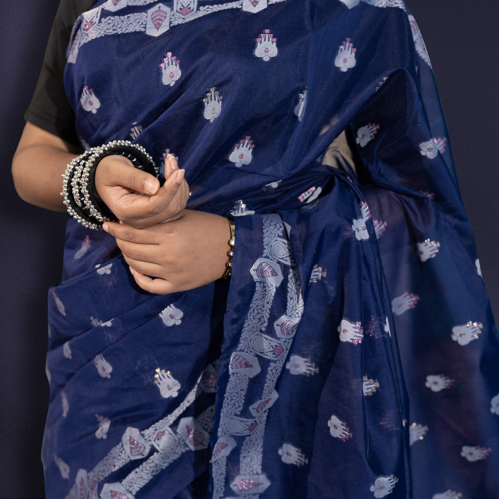 নেভি ব্লু রঙের হাফ সিল্ক শাড়ি