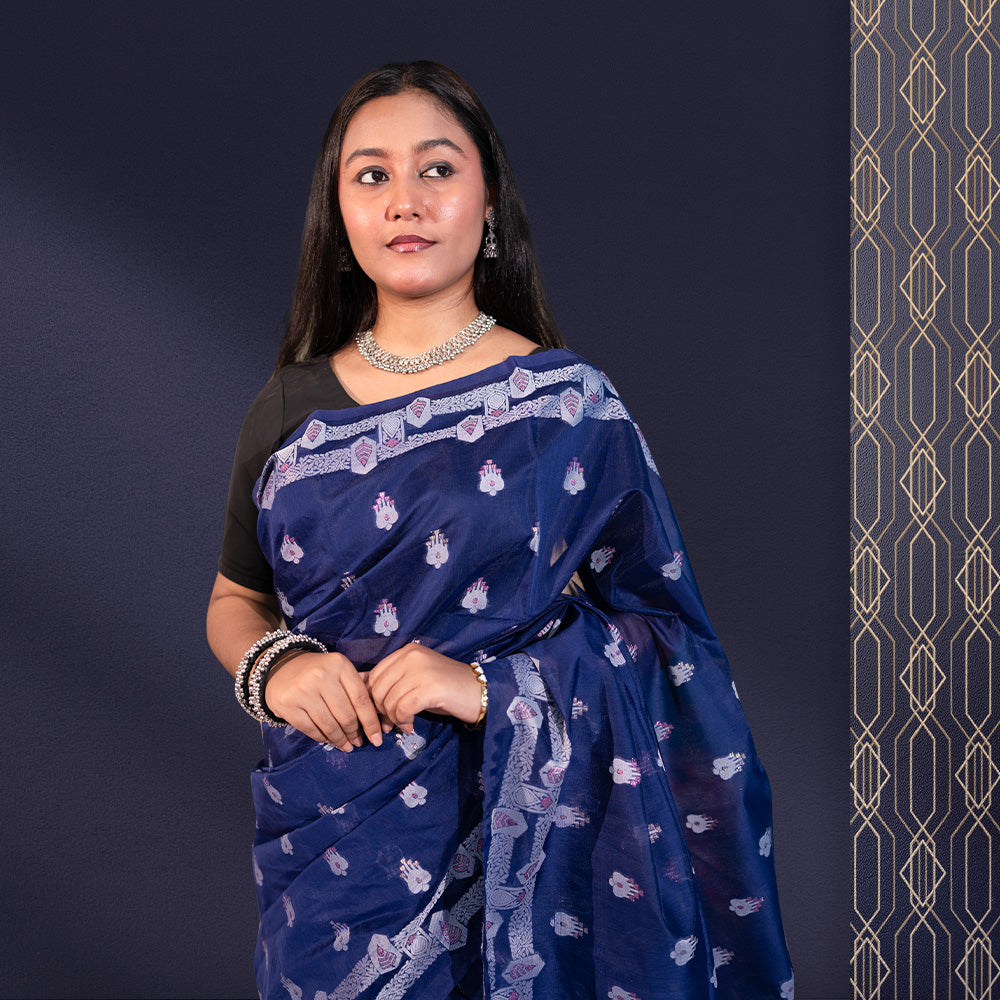 নেভি ব্লু রঙের হাফ সিল্ক শাড়ি