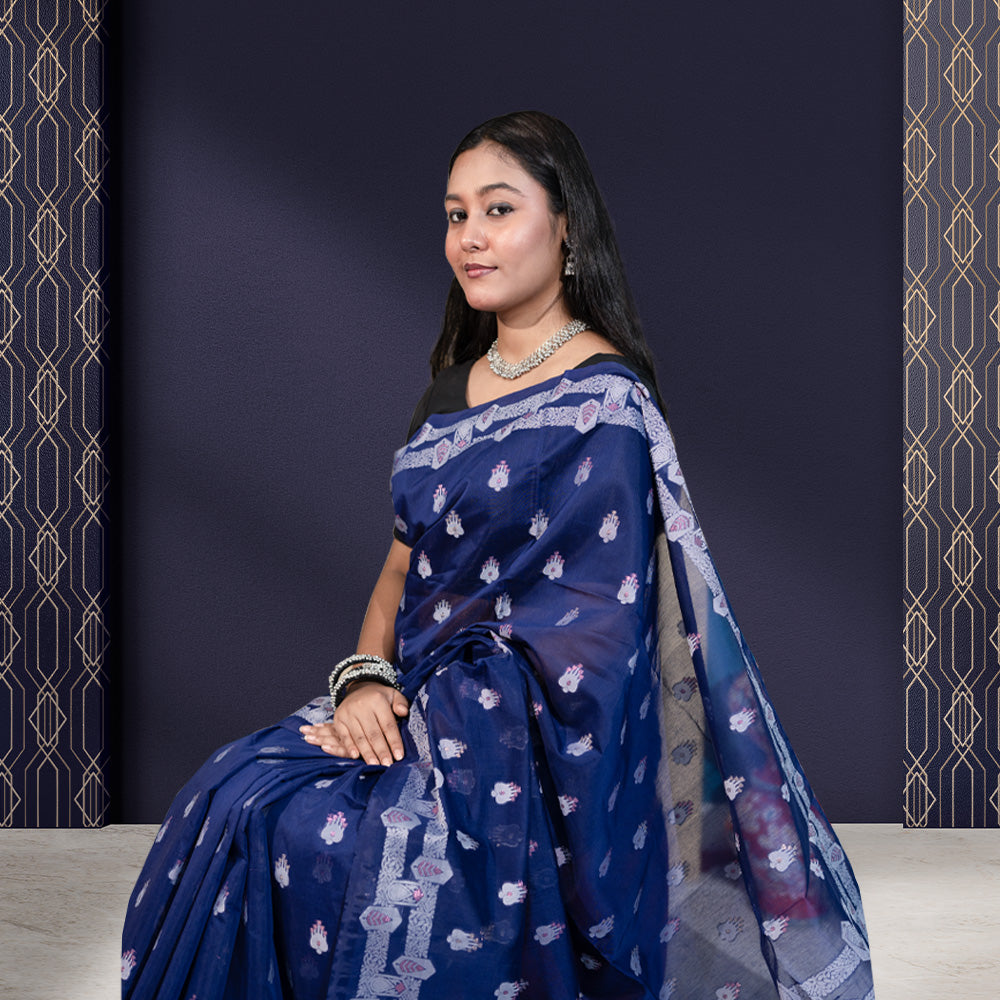 নেভি ব্লু রঙের হাফ সিল্ক শাড়ি